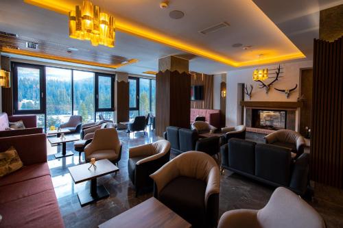 a waiting room with couches and chairs and a fireplace at Hotel Belmont & Spa in Sinaia