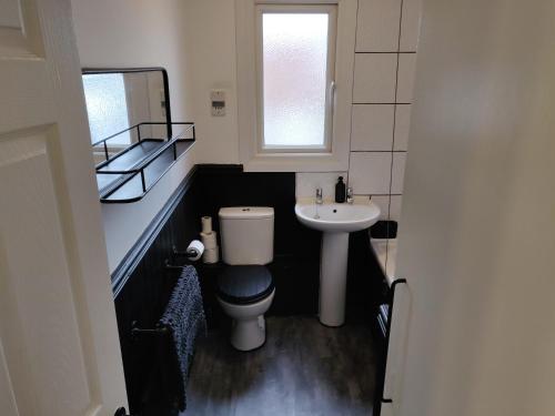 a small bathroom with a toilet and a sink at Riverside Park Penthouse Apartment In St Neots in Saint Neots