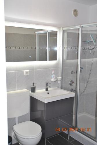 a bathroom with a toilet and a sink and a shower at Apartment Meerblick in Bremerhaven