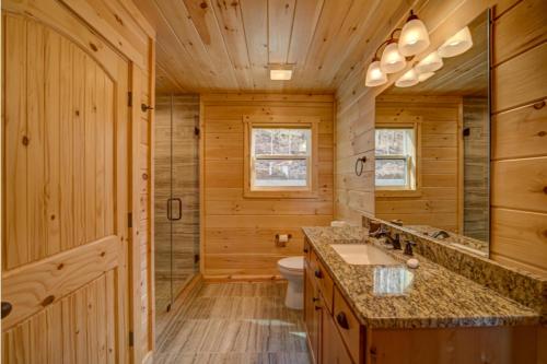 a log cabin bathroom with a sink and a toilet at Mystic Mountain Lodge in Mineral Bluff
