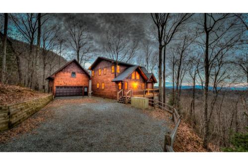 a cabin in the woods at night at The Hideaway in Blue Ridge