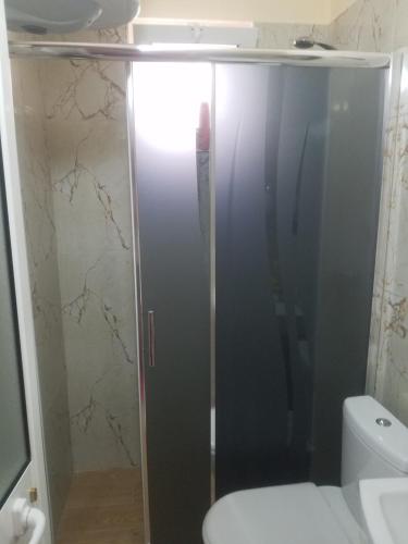 a shower in a bathroom with a toilet and a sink at Thethi Paradise Hotel & Restaurant in Theth