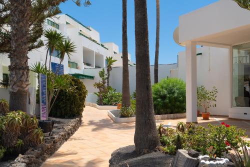 a courtyard with palm trees and a building at Apartamentos Galeon Playa in Costa Teguise
