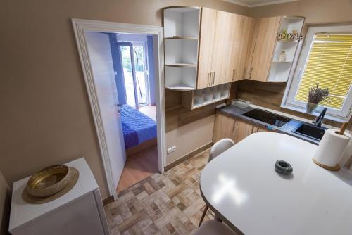 a small kitchen with a sink and a table at Sofia's Apartments in Biograd na Moru