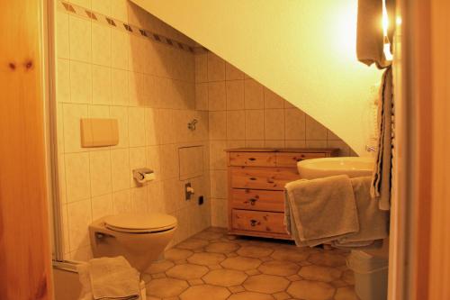 a bathroom with a sink and a toilet and a sink at Erlebnisgastronomie Lochmuhle in Eigeltingen