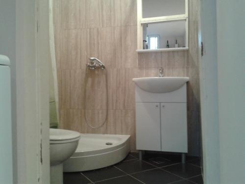 ein Bad mit einem Waschbecken, einem WC und einer Dusche in der Unterkunft Old Harbour City Center Apartment in Dubrovnik