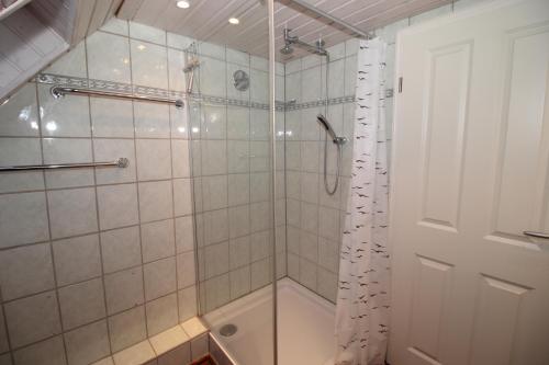 a bathroom with a shower with a shower curtain at Gutshof Kämmerich - Fewo "Siebenschläferhöhle" in Altkalen