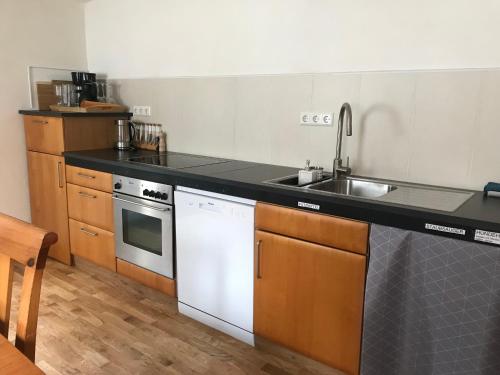 Kuchyň nebo kuchyňský kout v ubytování Ferieninrosengarten - Wohnung Erdgeschoss Süd