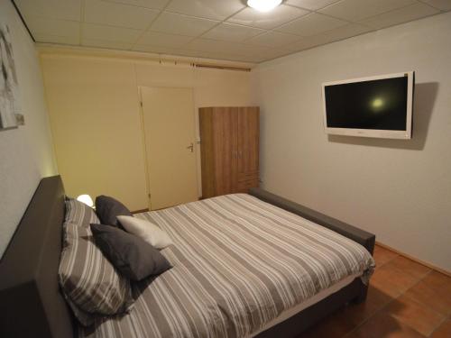 1 dormitorio con 1 cama y TV en la pared en Luxury Apartment in Schin op Geul with bubble bath and Sauna, en Walem