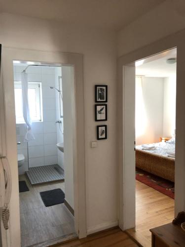 a bathroom with a shower and a bedroom with a bed at Ferienwohnung im schönen Neuenheim in Heidelberg