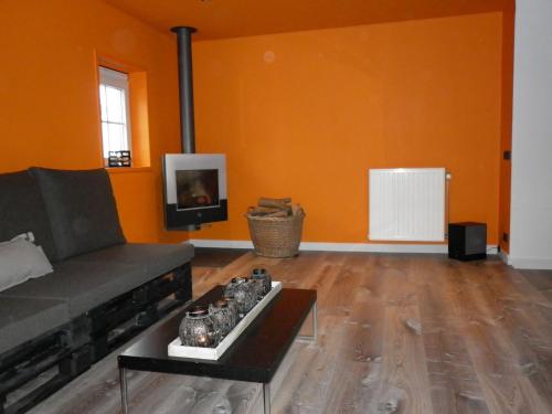 a living room with a couch and a tv at These two holiday homes built in 2006 in Zuidzande