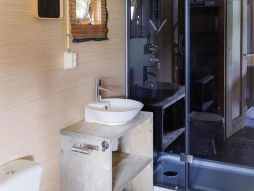 y baño con lavabo y ducha. en Special tent lodge with dishwasher, in Twente en Buurse