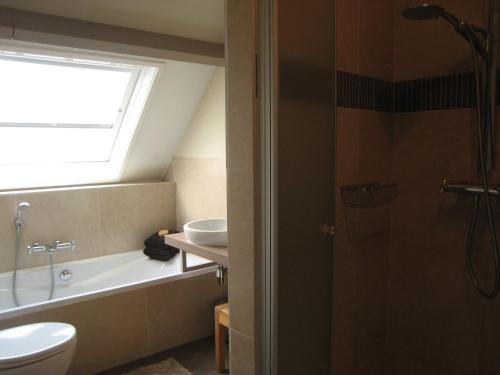 a bathroom with a toilet and a sink and a shower at Stylish Holiday Home in Zuidzande with Sauna in Zuidzande