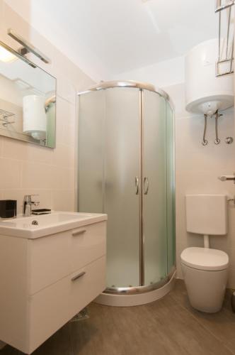 a bathroom with a shower and a toilet and a sink at SeaHouse 114 in Mali Lošinj