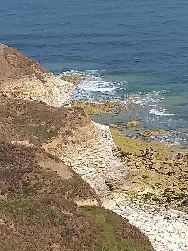 two people are standing on the edge of a rocky coast at Hartendale in Flamborough