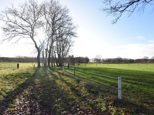 a field with a fence and trees in a field at Rural holiday home with terrace in Zuidwolde