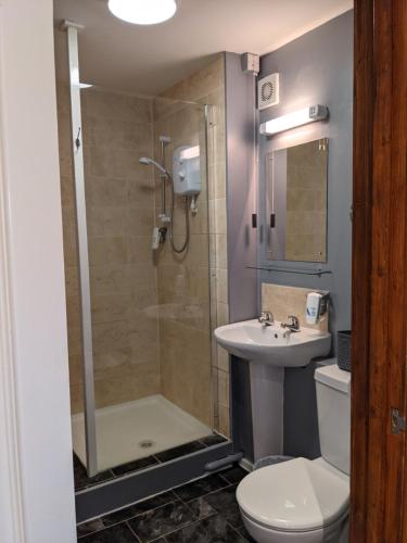 a bathroom with a shower and a toilet and a sink at Sparkford Inn in Sparkford