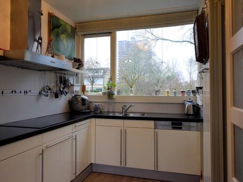 a kitchen with a sink and a window at Terrace Apartment with Lush Garden in Voorburg