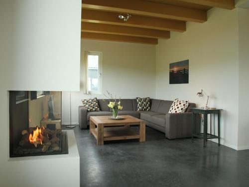 a living room with a couch and a fireplace at Classy Villa in Tzummarum with Terrace Garden in Tzummarum