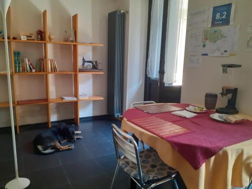 een hond die naast een tafel op de vloer ligt bij Romeo and Juliet Apartaments in Bergamo