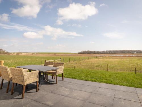 a patio with a table and chairs and a field at fantastic bungalow on Texel in De Cocksdorp