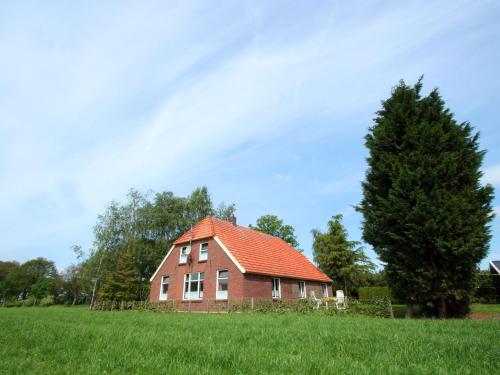 une maison en briques rouges avec un toit orange dans un champ dans l'établissement Detached farmhouse with play loft, à Neede