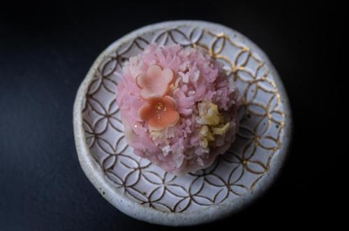 a plate with a piece of pink food on it at Nazuna Kyoto Gosho in Kyoto