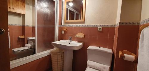 a bathroom with a sink and a toilet and a mirror at IMEDA APARTAMENTO ENEBRO in Sierra Nevada