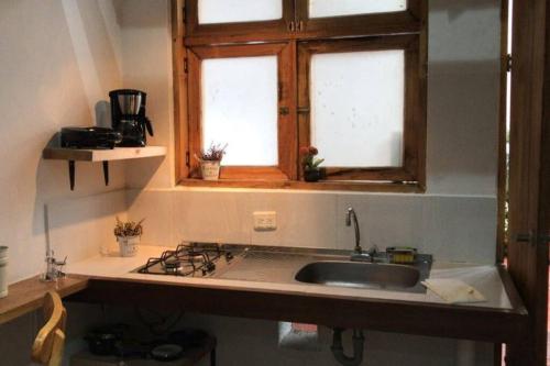 a kitchen counter with a sink and two windows at Parrot House San Antonio in Cali