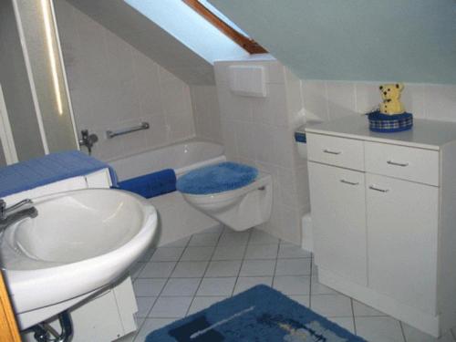 a small bathroom with a toilet and a sink at Ferienwohnung-Zur-Loewengrube in Brietlingen