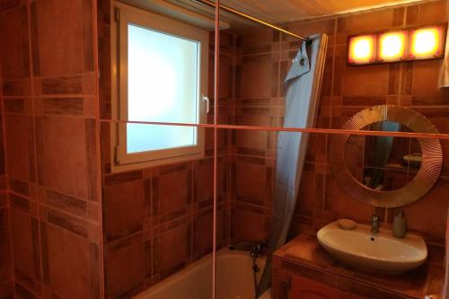 uma casa de banho com um chuveiro, um lavatório e um espelho. em Appartement T3 en RDC 54 m2 avec balcon em Saint-Pierre-dels-Forcats