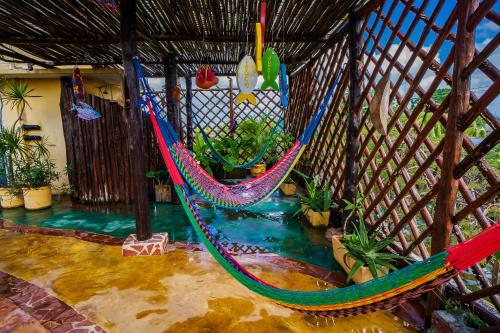 a room with two hammocks and a pool of water at Maison Tulum in Tulum
