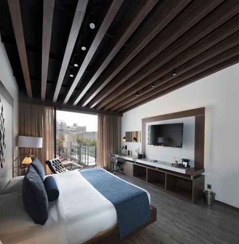 a bedroom with a large bed and a television at Flow Condesa - Adults Only in Mexico City
