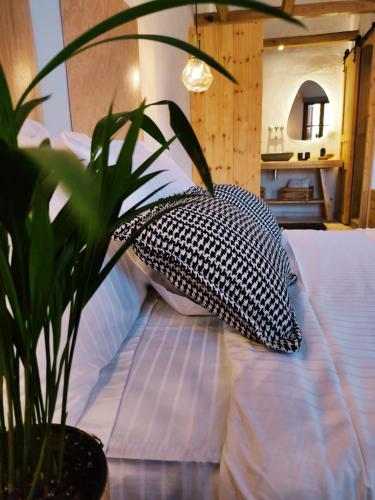 a plant sitting on top of a bed with a pillow at Spongia Apartments Kalymnos in Kalymnos
