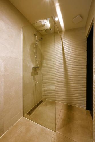 a bathroom with a shower with a glass door at ZEN-bungalow NO 1 met sauna en hottub in Rheezerveen