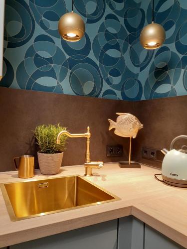 a kitchen with a gold sink and a counter at Blaue Welle in Varel