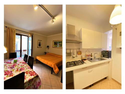 two pictures of a kitchen and a bedroom at Europa Casa Vacanze in Villetta Barrea