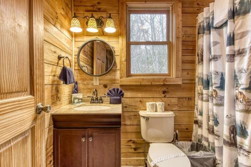 ガトリンバーグにあるBucky's Bungalow, Hot Tub, 1089 of FREE Attraction tickets for each paid day, Dollywood and More!のバスルーム(トイレ、洗面台、鏡付)