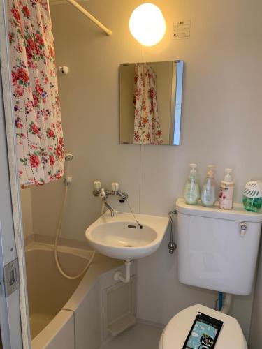 y baño con lavabo, aseo y espejo. en Koyasan Guest House Tommy en Koyasan