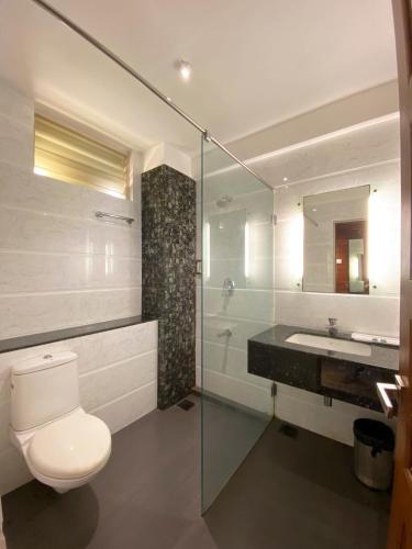 a bathroom with a toilet and a sink and a shower at Hotel Park Plaza in Panaji
