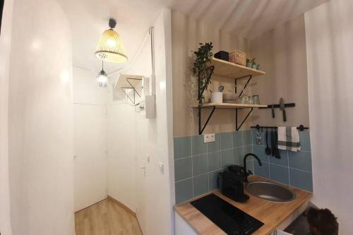 Un baño pequeño con lavabo y espejo. en Home Sweet Home Pigalle Montmartre Jungle, en París