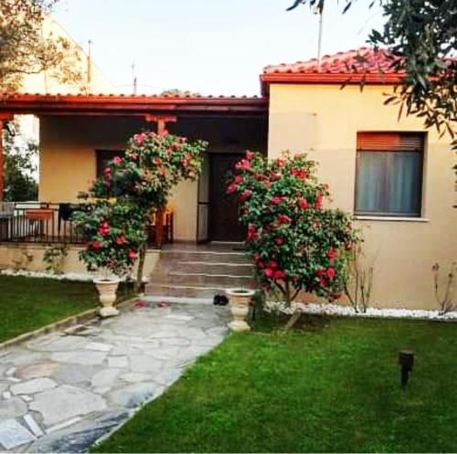 a house with two flowering bushes in front of it at John and Tania's Garden in Prinos