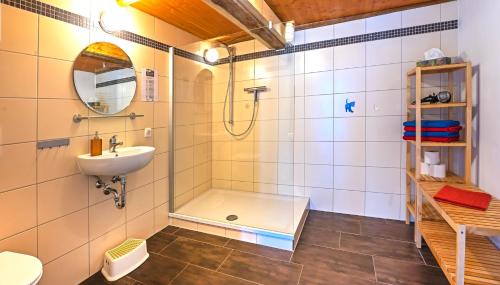 a bathroom with a shower and a sink at Romantische Ferien auf dem nachhaltig ökologisch sanierten Bauernhof in Habrachćicy