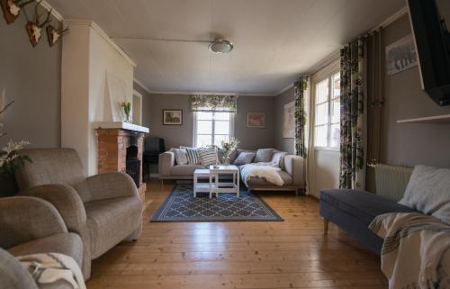 a living room with two couches and a fireplace at Lilla Trulsabo in Skillingaryd