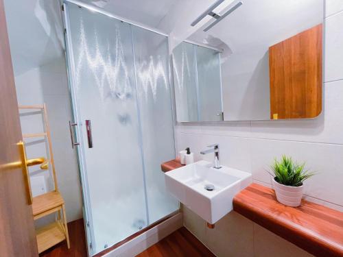 uma casa de banho com um lavatório e uma cabina de duche em vidro. em B&B Chiostro San Marco em Tarquinia