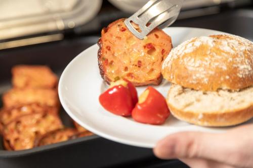 a person holding a plate with food on it at Hotel Zeitgeist Vienna Hauptbahnhof in Vienna