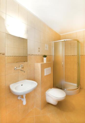 a bathroom with a sink and a toilet and a shower at Willa Alga in Władysławowo