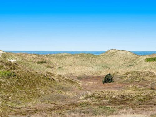 a lone tree in a field with the ocean in the background at 6 person holiday home in Henne in Henne Strand