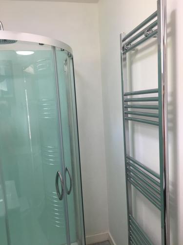 baño con ducha de cristal y puerta de cristal en Charming 1-Bedroom Apartment near South Downs en Hailsham