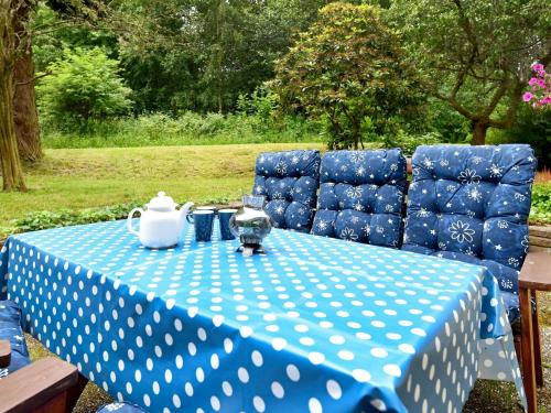 una mesa con un mantel de lunares azul y blanco en 4 person holiday home in LYSEKIL en Brastad